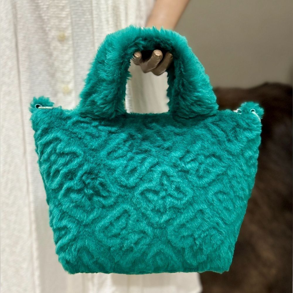 Turquoise Handmade Real Embossed Shearling Top Handle Bag, Fur Tote, Crossbody